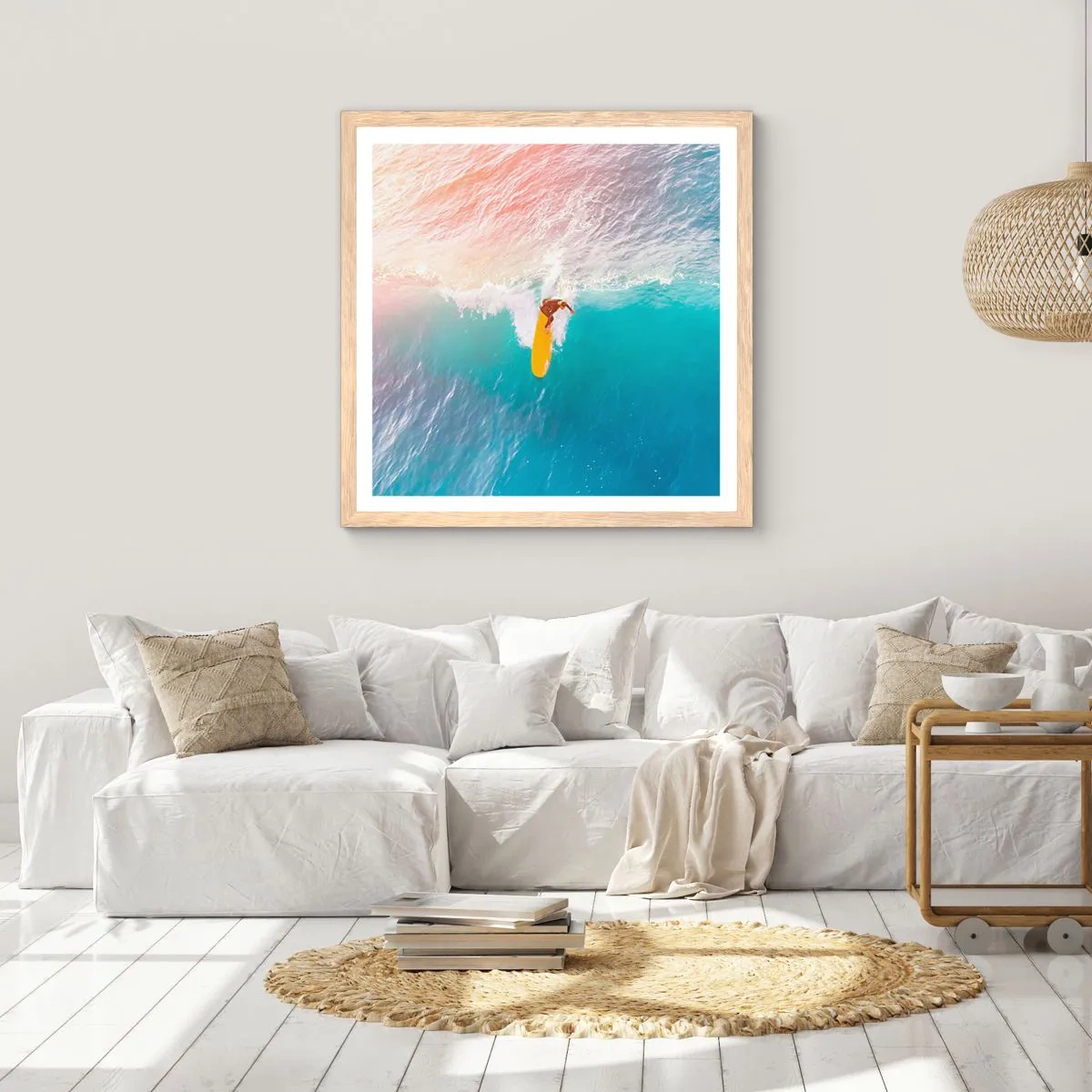 Plakat i ramme af lyst egetræ - Ocean rytter - 40x40 cm