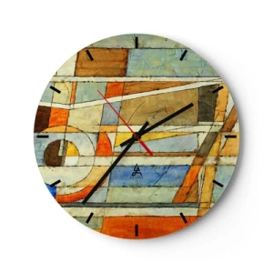 Vægur, Uret - Abstrakt mønster med orange, beige og blå farver - 30x30cm - Kubisme på en byggeplads - Moderne vægdekoration til stue, køkken og soveværelse ARTTOR