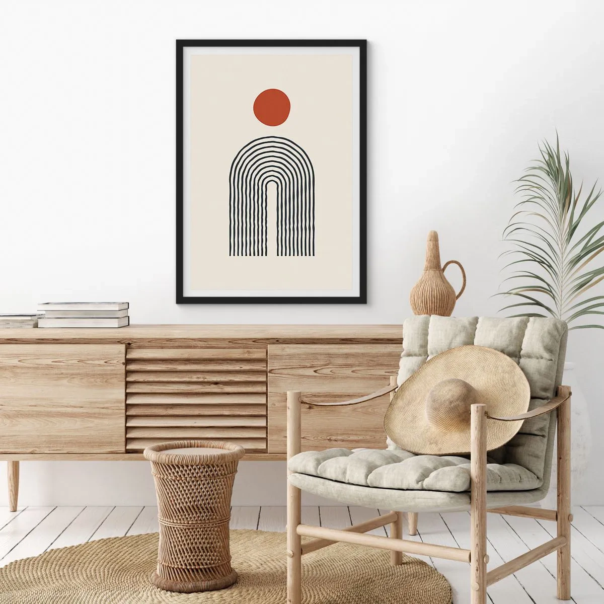 Plakat i sort ramme - Geometrisk abstraktion med en lineær bue og en rød cirkel. - 50x70cm - Magnetisme af former og farver - Moderne vægdekoration til stue og soveværelse ARTTOR