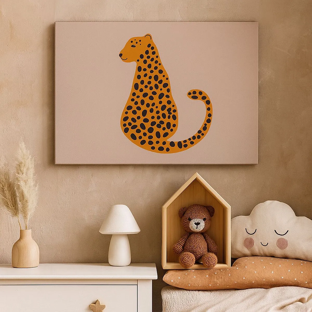 Lærredstryk - Billede på lærred - En minimalistisk tegning af en panter på en beige baggrund - 70x50cm - Leopardprint er et moderigtigt mønster - Moderne vægdekoration til stue og soveværelse ARTTOR