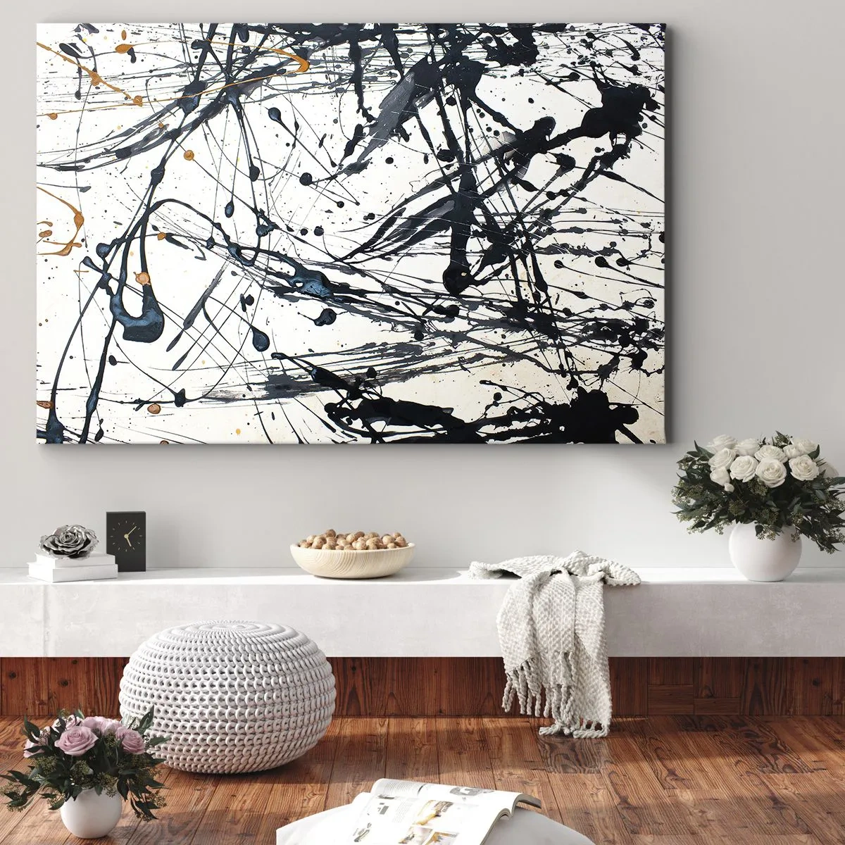 Lærredstryk - Billede på lærred - Et abstrakt maleri med malingstænk i dynamiske mønstre. - 70x50cm - Ekspressionistisk abstraktion - Moderne vægdekoration til stue og soveværelse ARTTOR