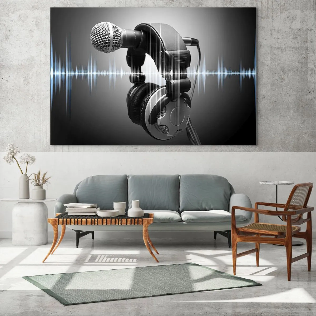 Billede på glas - Mikrofon med hovedtelefoner mod en baggrund af lydbølger - 70x50cm - Man kan stadig høre sangen - Moderne vægdekoration til stue og soveværelse ARTTOR