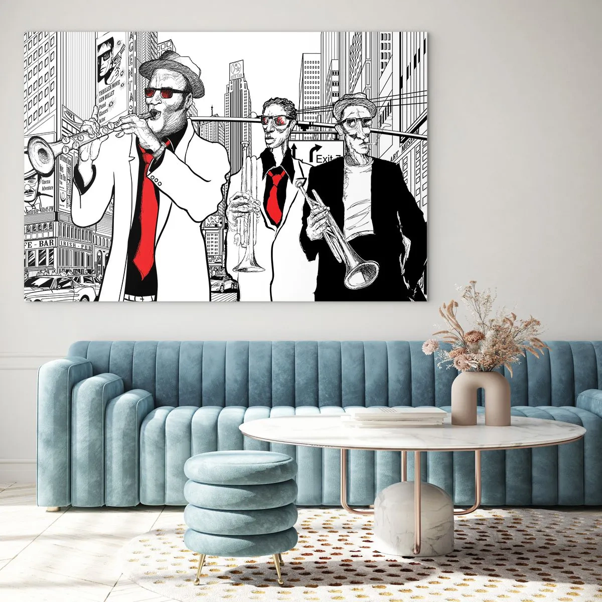 Billede på glas - Et jazz streetband med en moderne grafisk stil. - 70x50cm - By rapsodi i sort og rødt - Moderne vægdekoration til stue og soveværelse ARTTOR