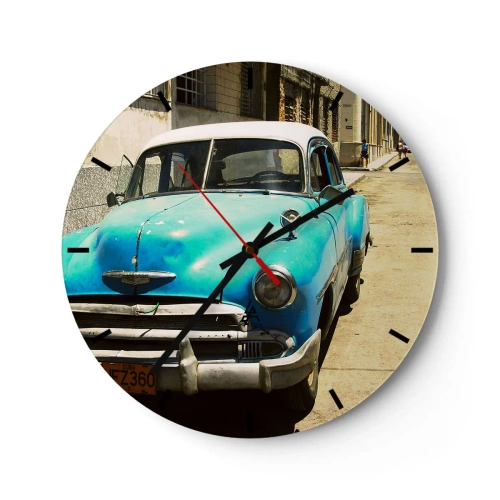 Vægur, Uret - Blå klassisk bil på gaden, vintage stil - 30x30cm - Evviva Cuba! - Moderne vægdekoration til stue, køkken og soveværelse ARTTOR
