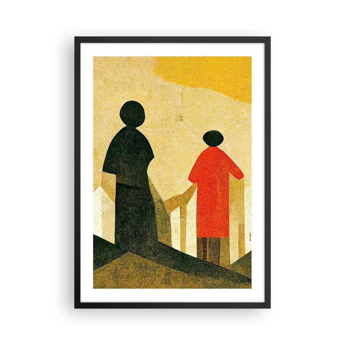 Plakat i sort ramme - Geometriske silhuetter af figurer mod baggrunden af et abstrakt landskab - 50x70cm - Stadig langt væk - Moderne vægdekoration til stue og soveværelse ARTTOR