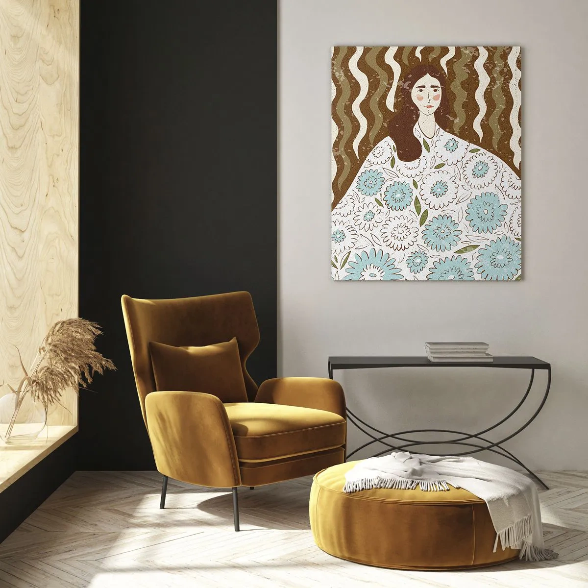 Billede på glas - Portræt i en blomstret kappe - 80x120 cm