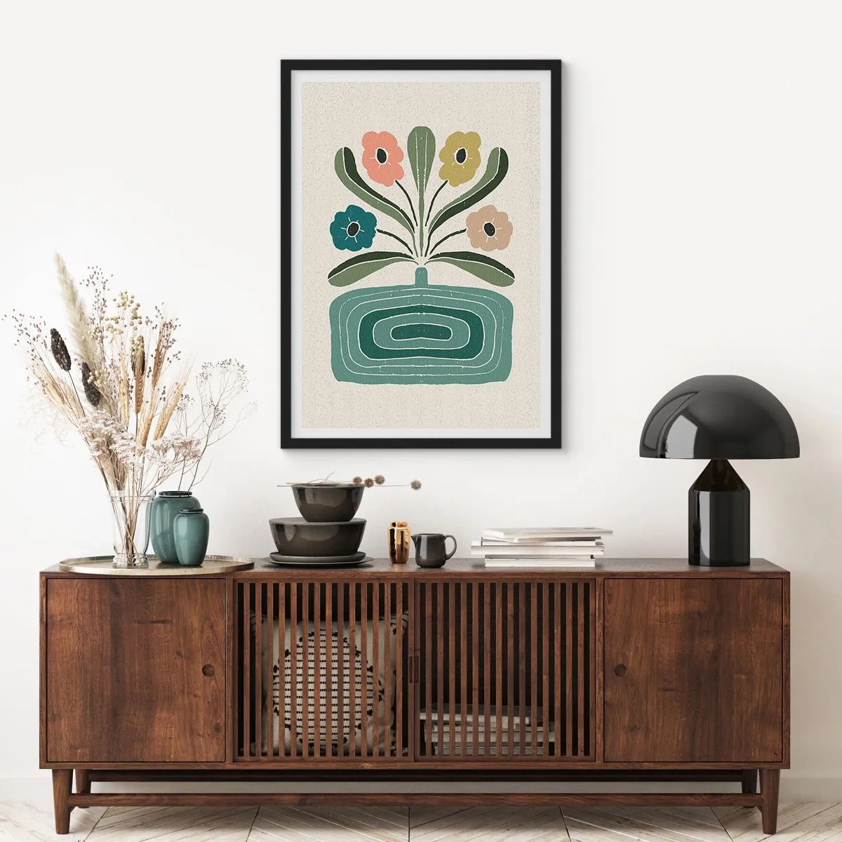 Plakat i sort ramme - Stiliserede blomster i en grafisk komposition - 50x70cm - Symmetrisk buket - Moderne vægdekoration til stue og soveværelse ARTTOR