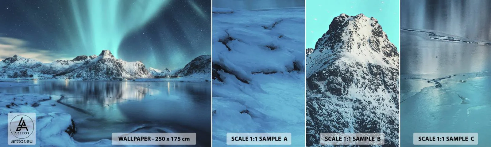 Prøve Fototapet Selvklæbende Deluxe Sticker - Nat med lys - Nordlys, Norge, Landskab - 100x30 cm