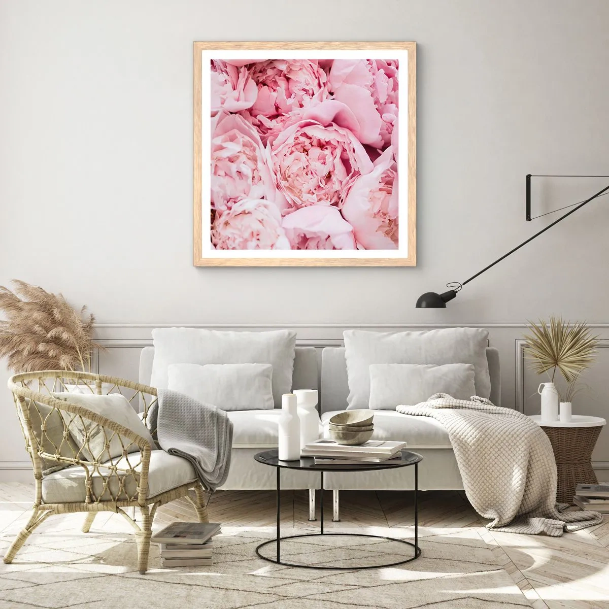 Plakat i ramme af lyst egetræ - Hyggeligt og velduftende - 60x60 cm