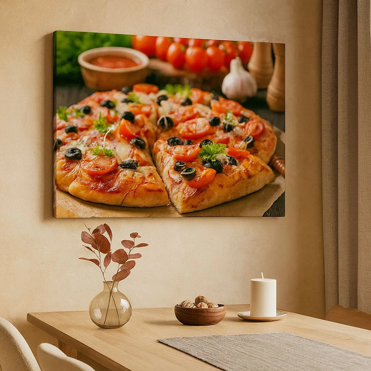 Lærredstryk - Billede på lærred - Pizza med tomater, oliven og friske krydderurter på bordet - 70x50cm - Du er sluppet af sted med det igen - Moderne vægdekoration til stue og soveværelse ARTTOR