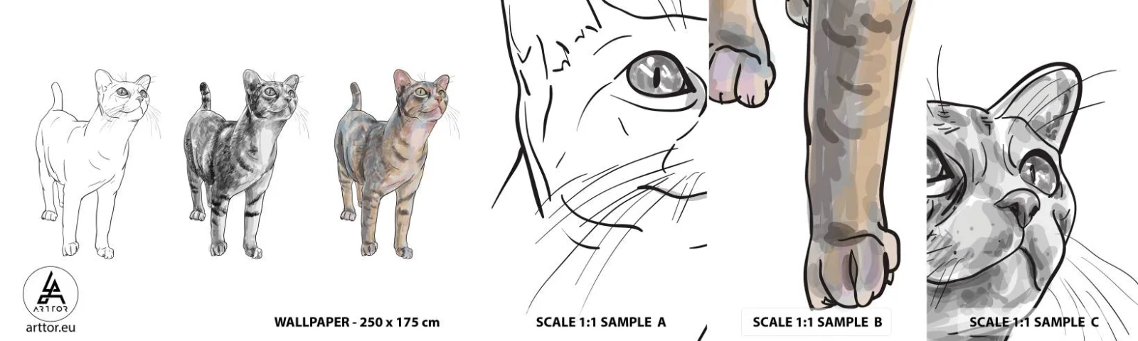 Prøve Fototapet Selvklæbende Deluxe Sticker - Tegneundervisning - Dyr, Kat, For børn - 100x30 cm