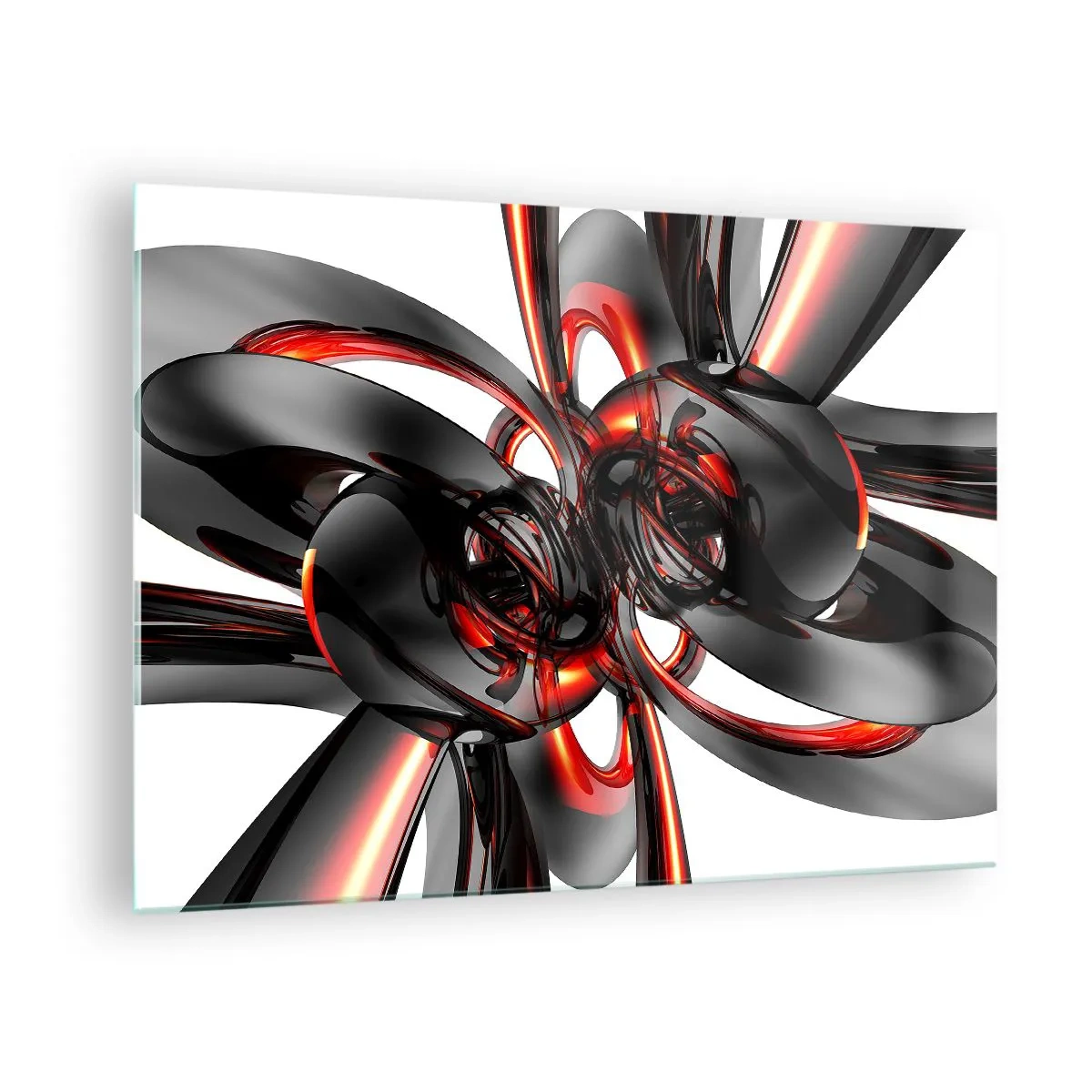 Billede på glas - Moderne abstraktion i sort og rød - 70x50cm - Bevægelse i grafit og rød - Moderne vægdekoration til stue og soveværelse ARTTOR