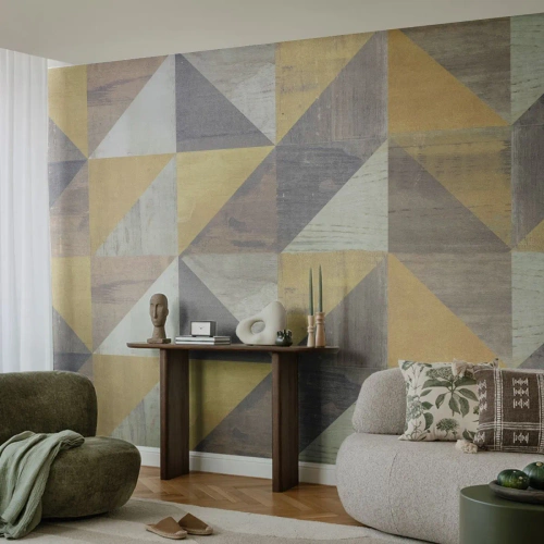 Fototapet Standard Eco - Geometriske trekanter i nuancer af guld og grå - 100x70cm - Ved trekantens vinkel - Moderne vægdekoration til stue og soveværelse ARTTOR