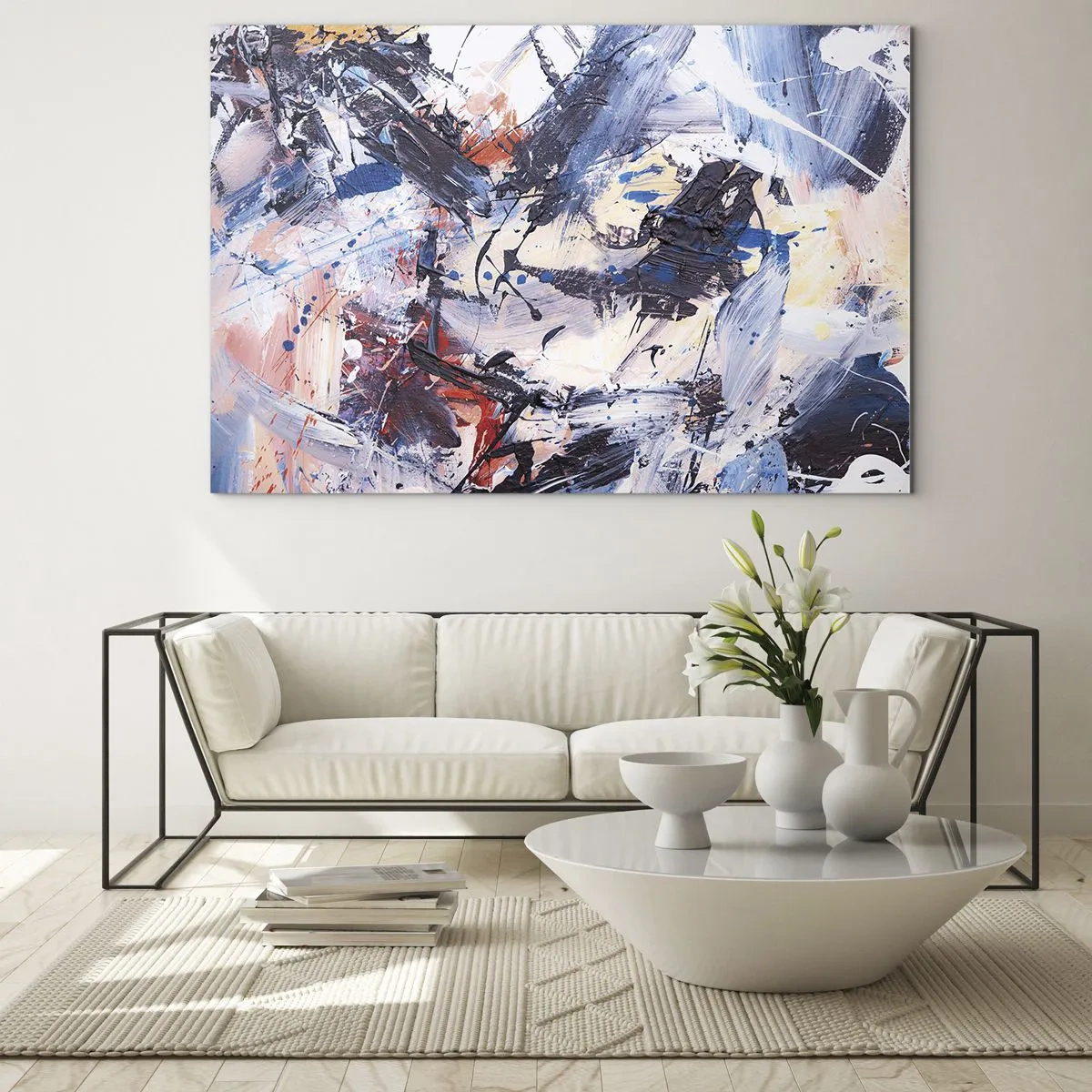Billede på glas - Abstrakt maleri i intense farver - 70x50cm - Abstraktionens vanvittige dans - Moderne vægdekoration til stue og soveværelse ARTTOR