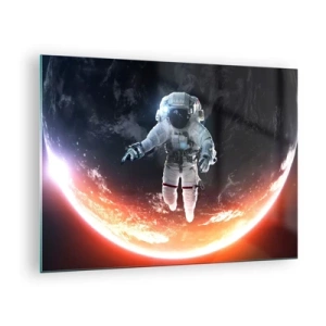 Billede på glas - Astronaut i rummet med en planet i baggrunden - 70x50cm - Må jeg blive lidt længere? - Moderne vægdekoration til stue og soveværelse ARTTOR