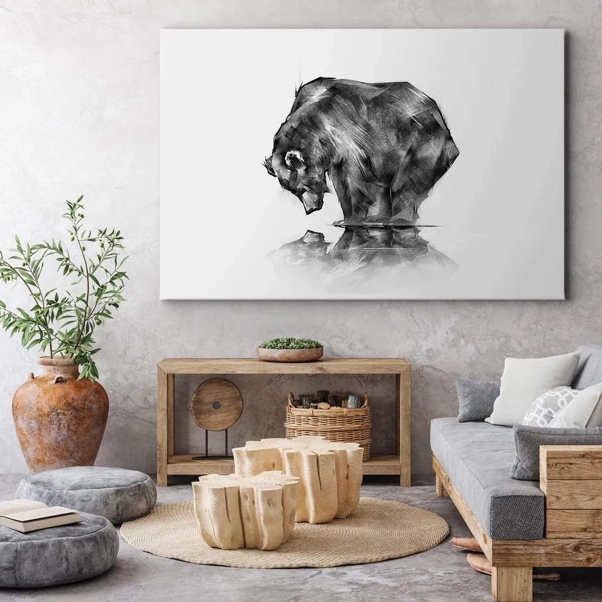 Lærredstryk - Billede på lærred - En tegning af en bjørn i minimalistisk stil - 70x50cm - Dejligt at se nogen tæt på - Moderne vægdekoration til stue og soveværelse ARTTOR