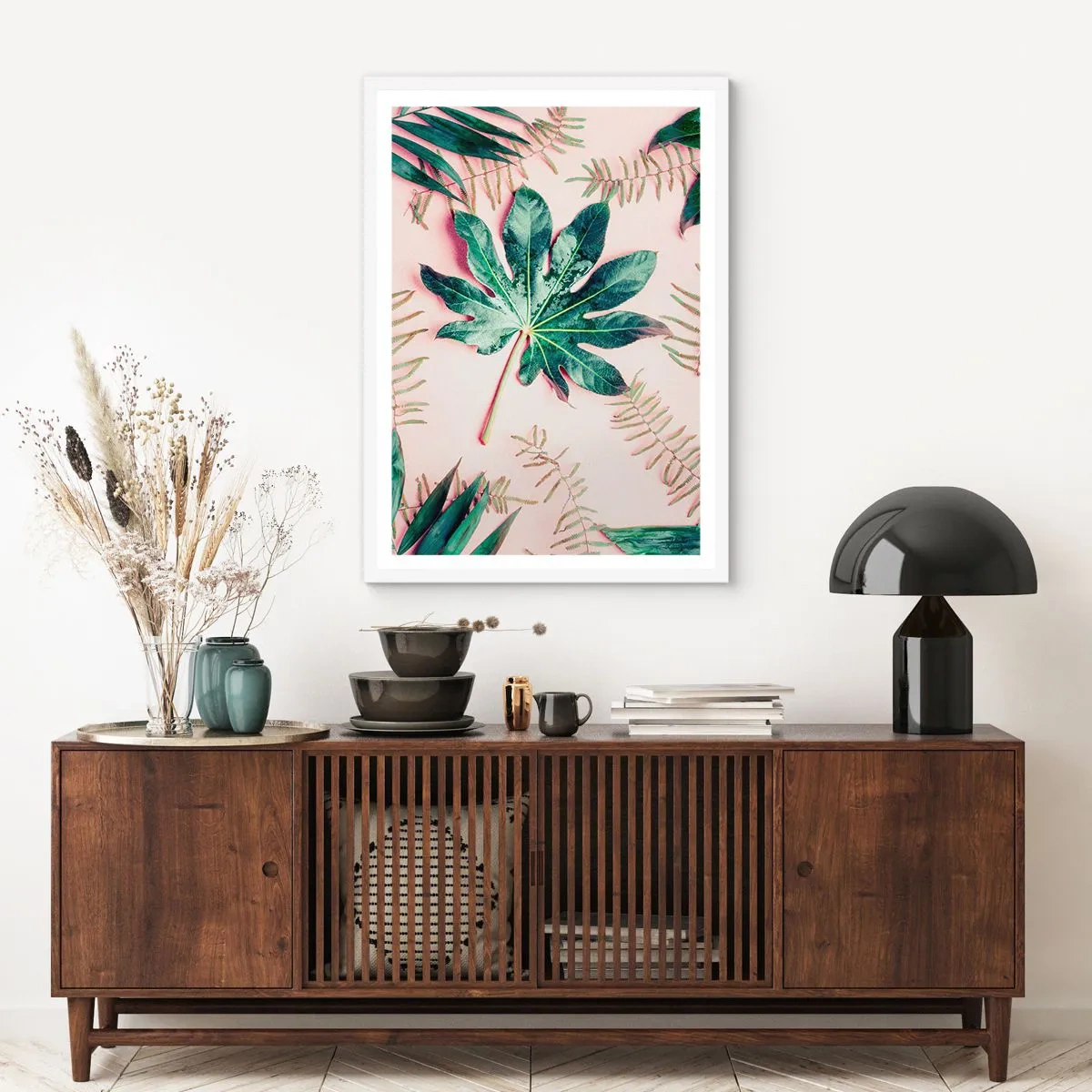 Plakat i hvid ramme - En undersøgelse af grønt på en lyserød baggrund - 30x40 cm