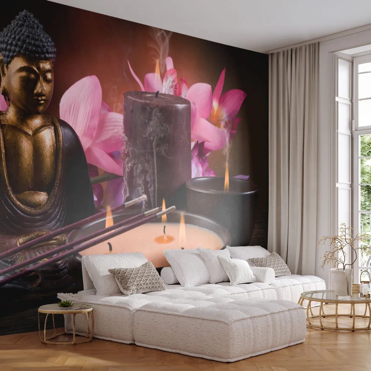 Fototapet Selvklæbende Deluxe Sticker - Rydde sindet, berolige kroppen - Buddha, Religion, Blomster - 350x256 cm