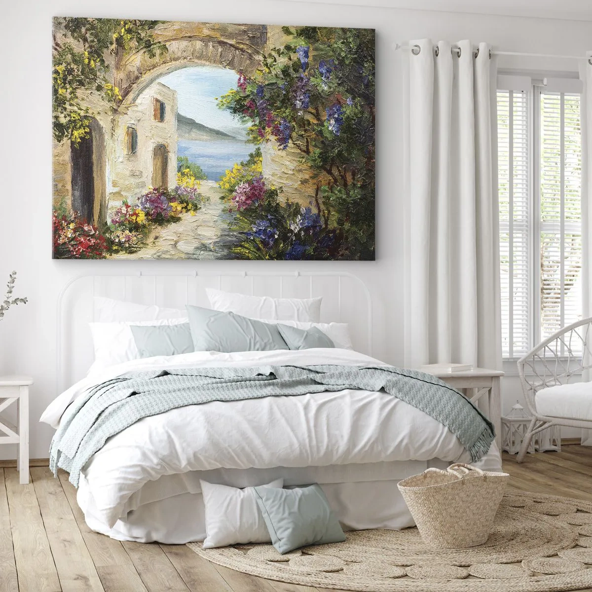 Lærredstryk - Billede på lærred - Kystlandskab med stenbygninger og blomster - 70x50cm - Charmen af kystlandskabet - Moderne vægdekoration til stue og soveværelse ARTTOR
