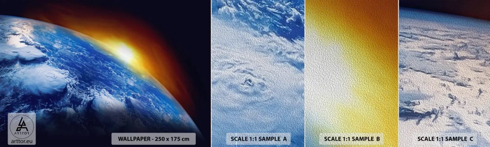 Prøve Fototapet Premium Sand - Solopgang over den blå planet - Abstraktion, 3D, Kosmos - 100x30 cm