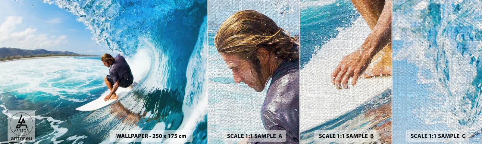 Prøve Fototapet Premium Canvas - Danser med bølgerne - Sport, Surfing, Surfbræt - 100x30 cm