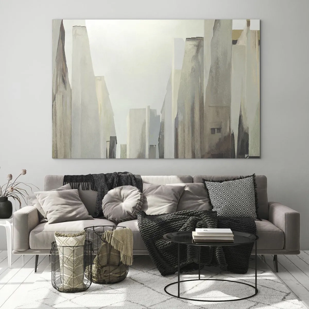 Billede på glas - En abstrakt vision af bybygninger i en afdæmpet palet - 70x50cm - En drøm om byen - Moderne vægdekoration til stue og soveværelse ARTTOR