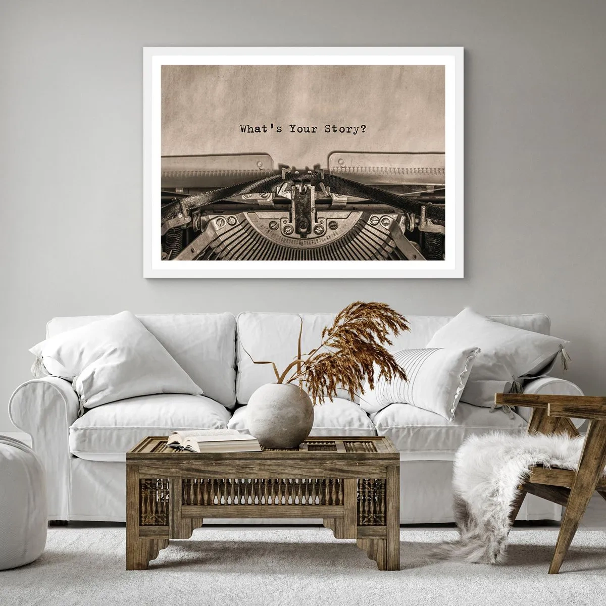 Plakat i hvid ramme - Fortæl mig - 30x30 cm