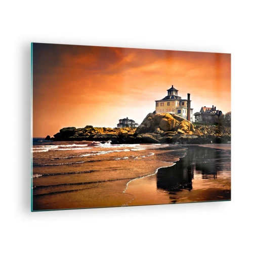 Billede på glas - Hus på en klippe med udsigt over havet ved solnedgang - 70x50cm - Vestkystens elegance - Moderne vægdekoration til stue og soveværelse ARTTOR