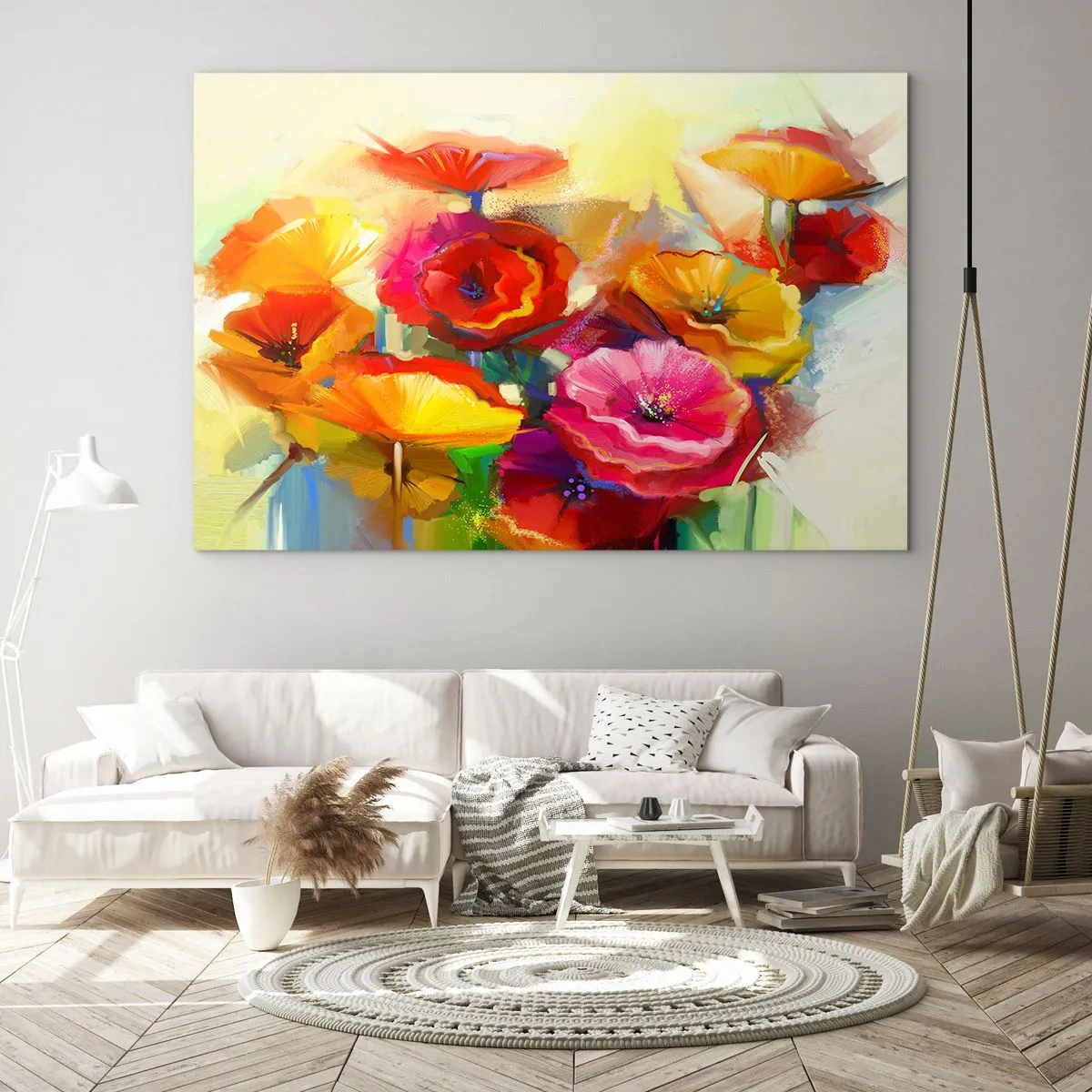 Billede på glas - Farverige valmuer i levende farver - 70x50cm - Ikke kun rødt - Moderne vægdekoration til stue og soveværelse ARTTOR