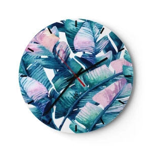 Vægur, Uret - Tropiske blade i nuancer af grønt og lyserødt - 30x30cm - I en bananlund - Moderne vægdekoration til stue, køkken og soveværelse ARTTOR