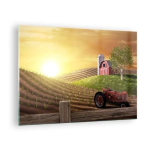 Billede på glas - Solnedgang over en gård med en mark og en traktor - 70x50cm - En gård som et eventyr - Moderne vægdekoration til stue og soveværelse ARTTOR