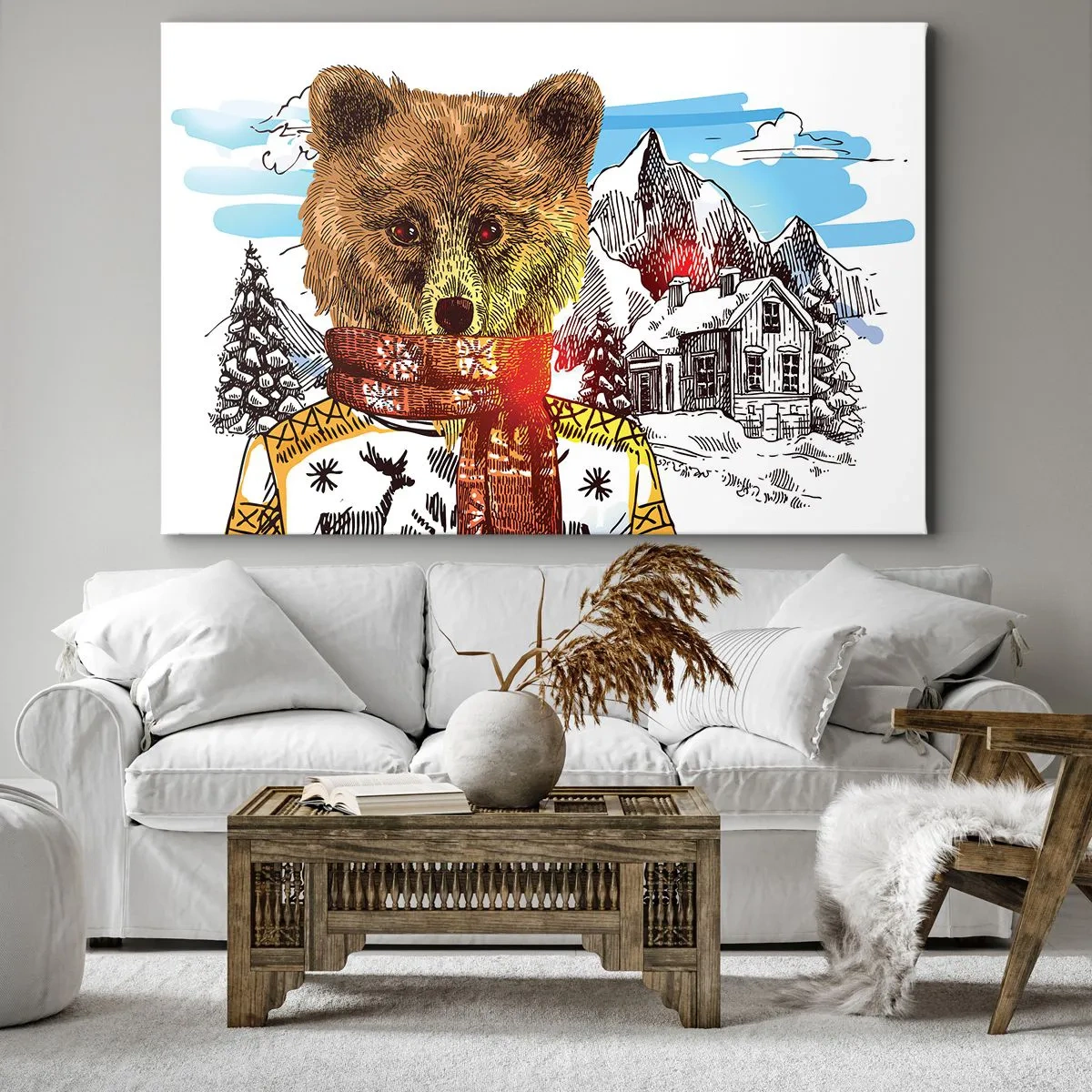 Lærredstryk - Billede på lærred - En bjørn i en sweater og tørklæde med et bjerghus i baggrunden - 70x50cm - Bjørnehytten - Moderne vægdekoration til stue og soveværelse ARTTOR