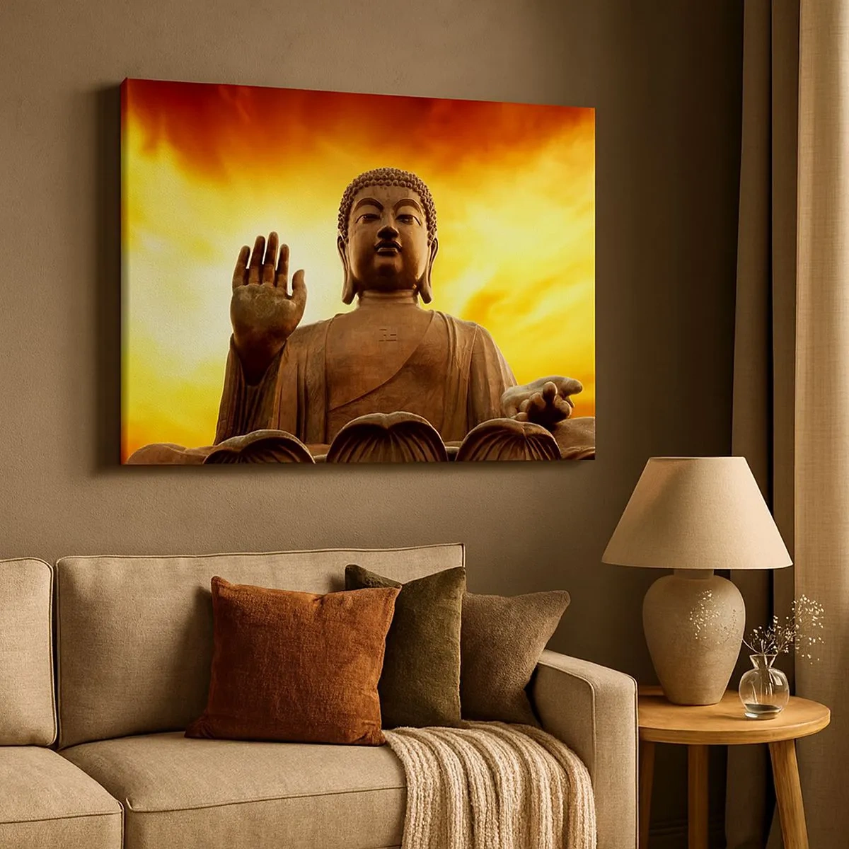 Lærredstryk - Billede på lærred - En Buddha-statue mod en gylden solnedgangshimmel - 70x50cm - Fred i verden - Moderne vægdekoration til stue og soveværelse ARTTOR