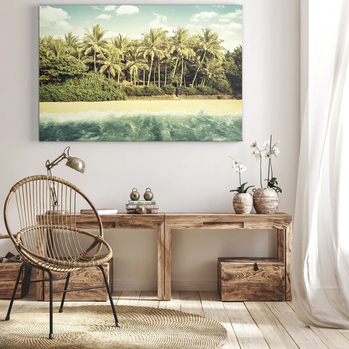 Lærredstryk - Billede på lærred - Tropisk strand med palmer og turkisblåt hav - 70x50cm - Hvad med her? - Moderne vægdekoration til stue og soveværelse ARTTOR