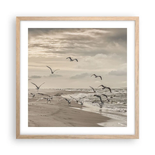 Plakat i ramme af lyst egetræ - Havet brummer, fuglene synger - 50x50 cm