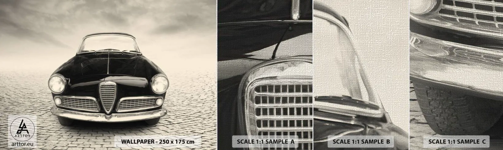 Prøve Fototapet Premium Canvas - Og hvordan kan man ikke elske mig? - Bil, Årgang, Sort og hvid - 100x30 cm
