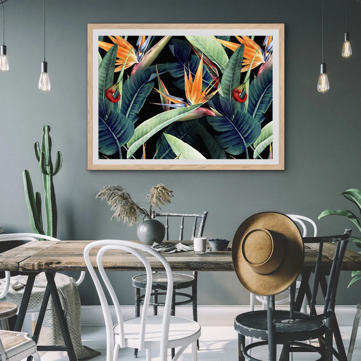 Plakat i ramme af lyst egetræ - Flammeblomster i troperne - 50x40 cm