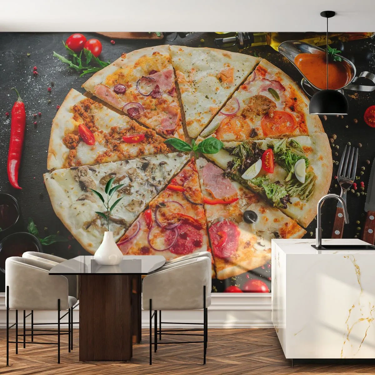 Fototapet Premium Sand - Et udvalg af smagsvarianter - Gastronomi, Pizza, Italien - 100x70 cm