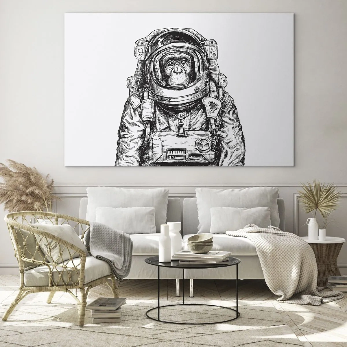 Billede på glas - Skitse af en abe i en astronautdragt på en hvid baggrund - 70x50cm - Alternativ evolution - Moderne vægdekoration til stue og soveværelse ARTTOR