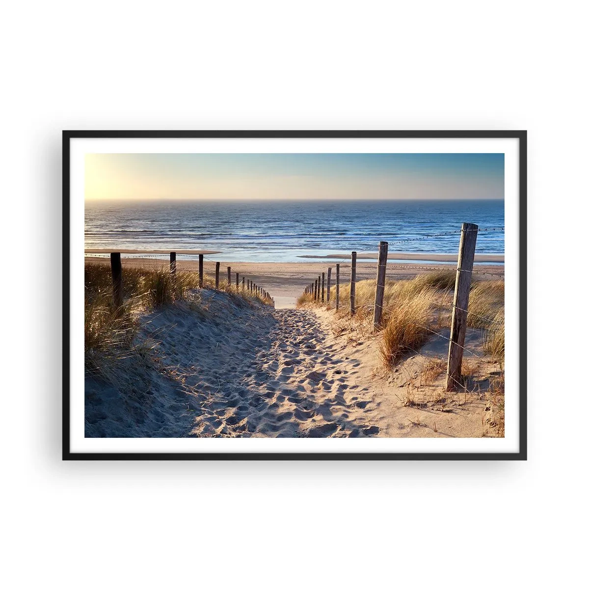 Plakat i sort ramme - Havet brummer, fuglene synger, en vild strand midt i græsset.... - 100x70 cm
