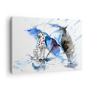 Lærredstryk - Billede på lærred - Akvarelmaleri af en dalmatinerhund med en paraply i baggrunden - 70x50cm - Det er det en ven er til for - Moderne vægdekoration til stue og soveværelse ARTTOR