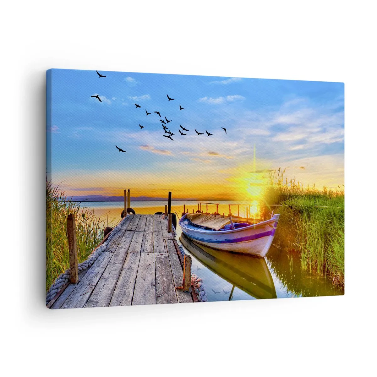 Lærredstryk - Billede på lærred - En båd ved en træmole ved solnedgang - 70x50cm - Farvel, indtil i morgen - Moderne vægdekoration til stue og soveværelse ARTTOR