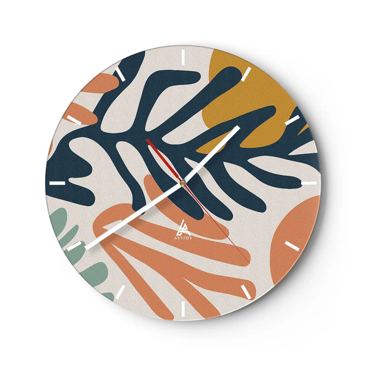 Vægur, Uret - Farverige blade i grafisk stil på en lys baggrund - 30x30cm - Koralhav - Moderne vægdekoration til stue, køkken og soveværelse ARTTOR