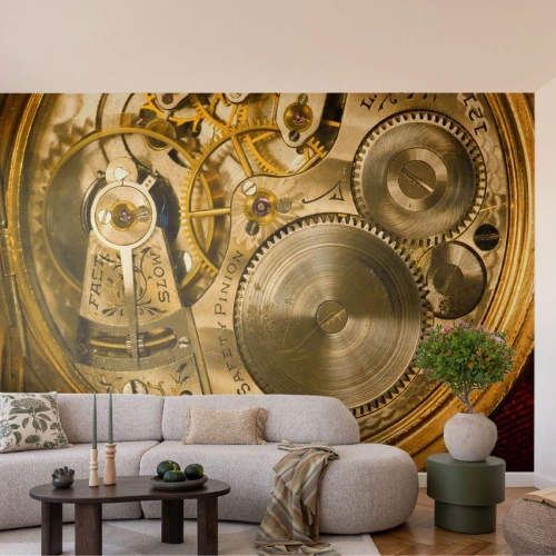 Fototapet Selvklæbende Deluxe Sticker - Følg med tiden - Ur, Ur mekanisme, Årgang - 250x175 cm