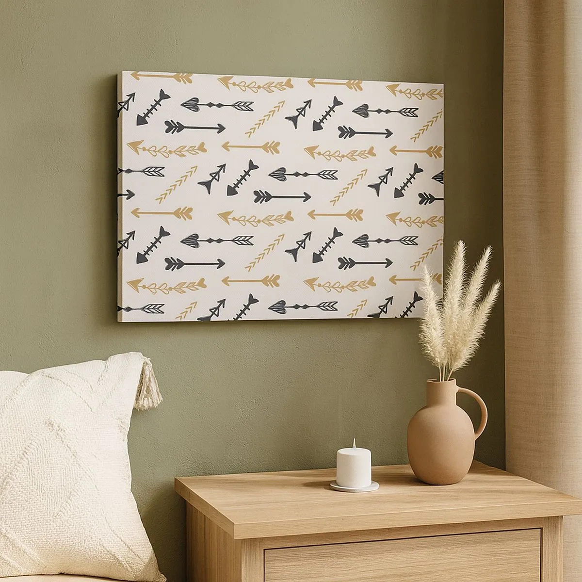Lærredstryk - Billede på lærred - Et minimalistisk mønster med pile i beige og grå farver. - 70x50cm - Skyttens drøm - Moderne vægdekoration til stue og soveværelse ARTTOR