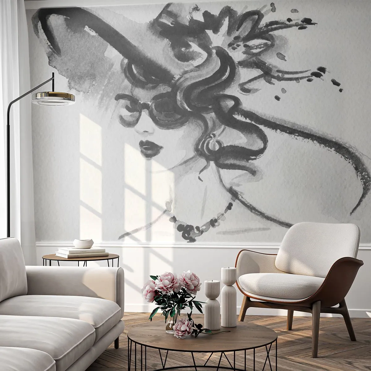 Fototapet Premium Sand - Dame med karakter - Kvinde i en hat, Kvindens ansigt, Sort og hvid - 450x315 cm