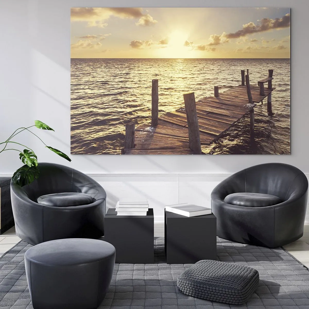 Billede på glas - En træbro mod baggrunden af den nedgående sol - 70x50cm - Gyldent land af blidhed - Moderne vægdekoration til stue og soveværelse ARTTOR
