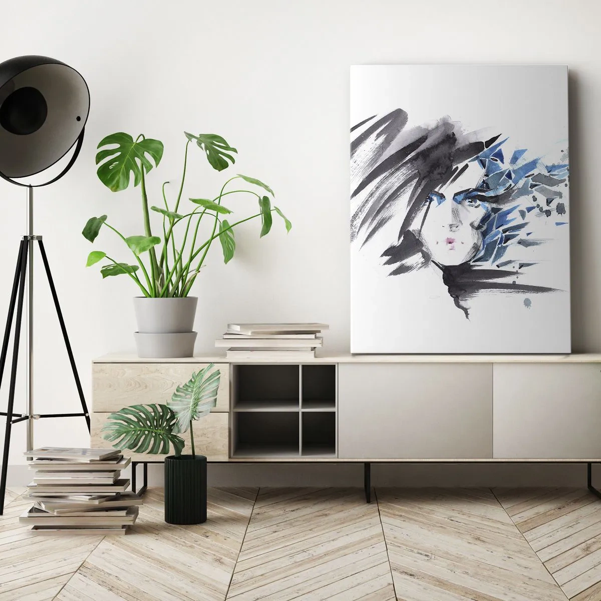 Lærredstryk - Billede på lærred - Sensuelt portræt i grå og blå farver - 45x80 cm