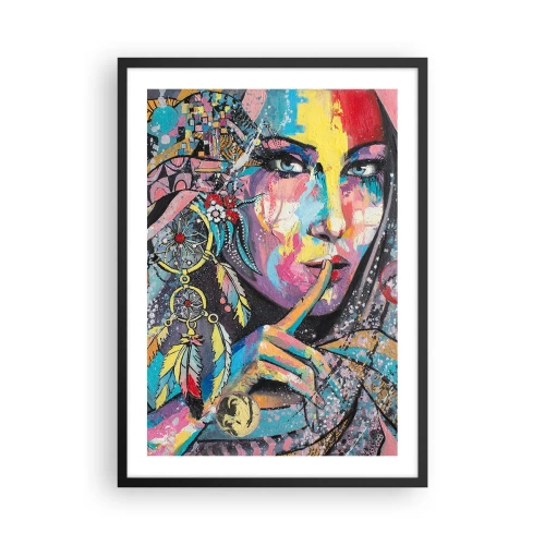 Plakat i sort ramme - Farverigt portræt af en kvinde med fjer og en drømmefanger - 50x70cm - Vær tavs, indtil du forstår - Moderne vægdekoration til stue og soveværelse ARTTOR