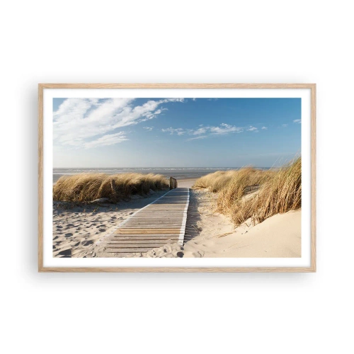 Plakat i ramme af lyst egetræ - Bag klitten, i græssets summen - 91x61 cm